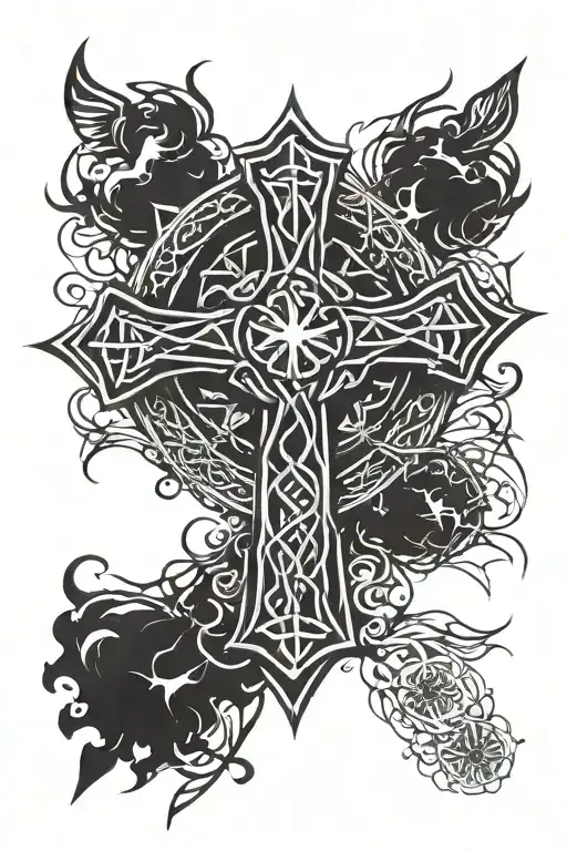 Celtic Cross Surroundeed By Thorn Crown Surrounded By Sun Rays