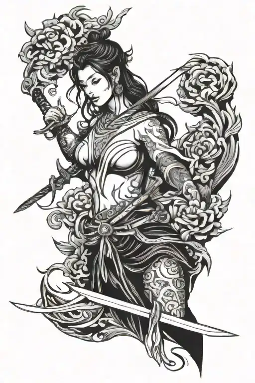 Woman With Sword And Chinese Temple