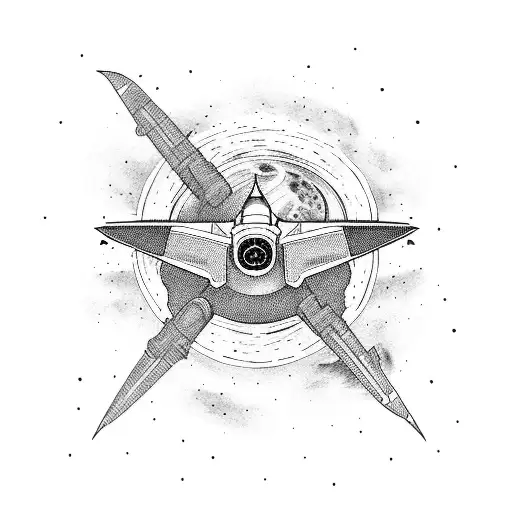 A Blackwork Tattoo Of A Spaceship Flying Through A Galaxy