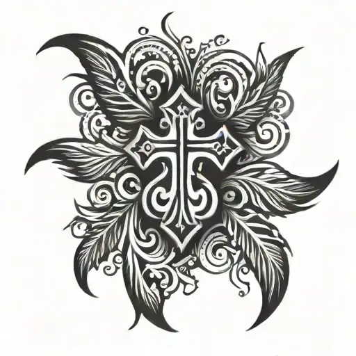 Tribal Cross With Black Wings Chest Tattoo Design Featuring