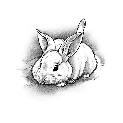 Dwarf White Rabbit Next To A Brown Dog With Perky Ears