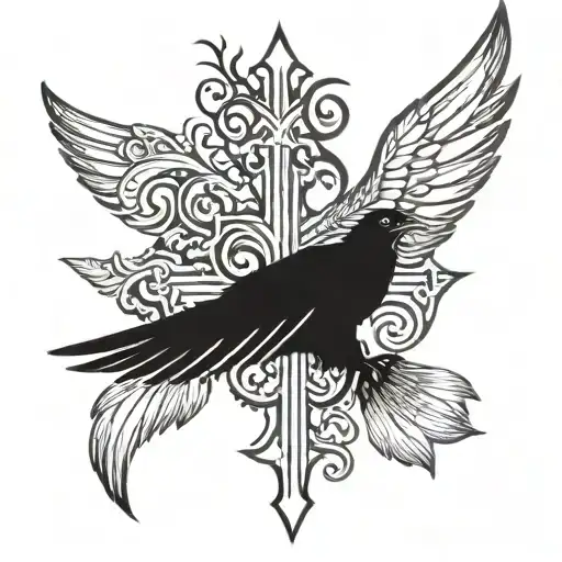 Tribal Cross With Black Crow Wings Chest Tattoo Design Featuring