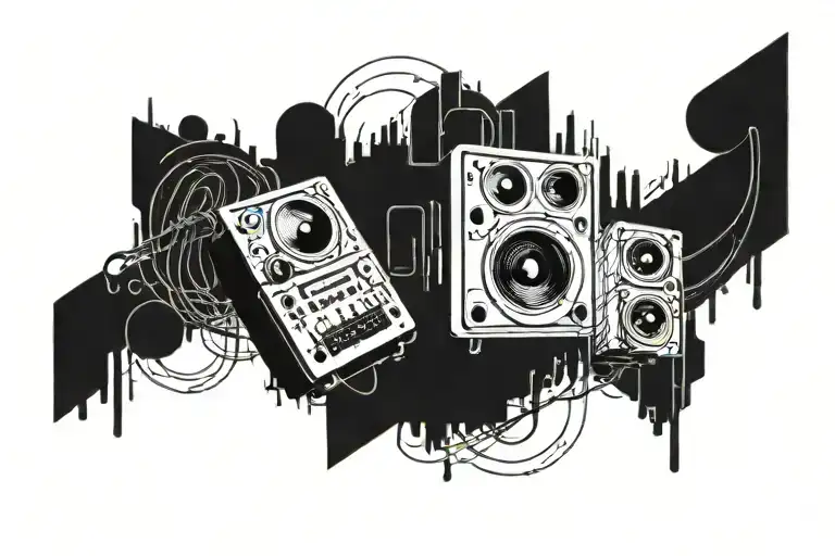 An Abstract Design Of Audio Tech Equipment Intertwined With Musical Notes