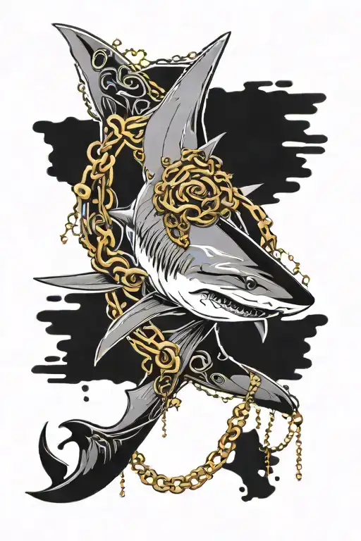 Shark With Calligraphy And Gold Chains Breaking And Bursting