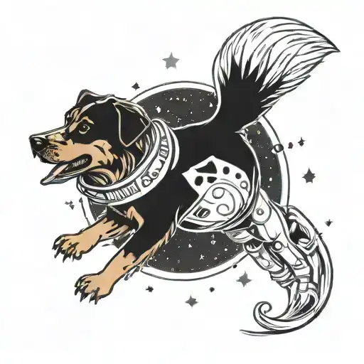 Space Theme With Cartoon Spaceship With A Australian Sheppard Spacedog Exploring Space Tattoo Sleeve