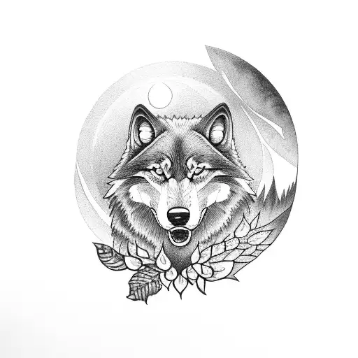 Black Spirit Wolf With Florals Leaves Full Moon