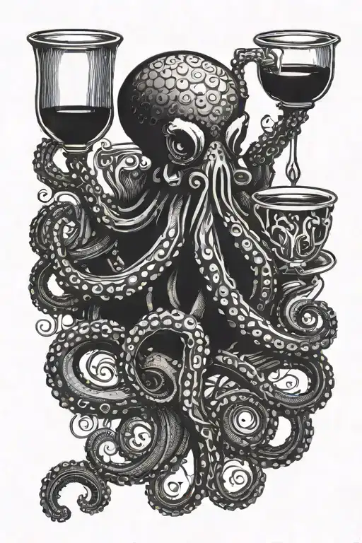 Blackwork Tattoo Of A Gothic Octopus With Stretched Tentacles Holding A Cup Of Wine
