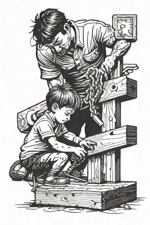 A Child Helping A Father Hammer A Nail Into A Plank