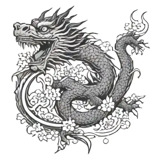 Japanese Dragon With Petals Of Sakura Tree