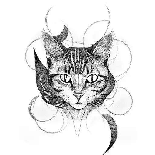 A Tattoo Design Of A Human-cat Hybrid With Black And Golden Colors In A Blackwork Style