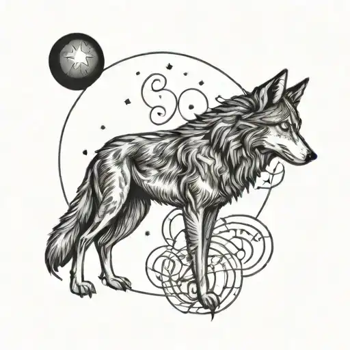 A Blackwork Tattoo Of A Wolf Howling At The Moon With Musical Notes Forming The Night Sky
