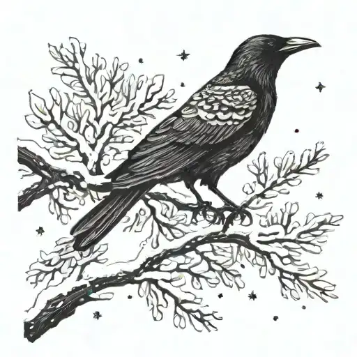 A Crow Perched On A Snow-covered Branch Under A Starry Night Sky