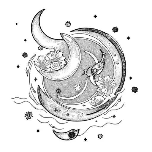 Crescent Moon With Pisces Constellation And Peony Flowers