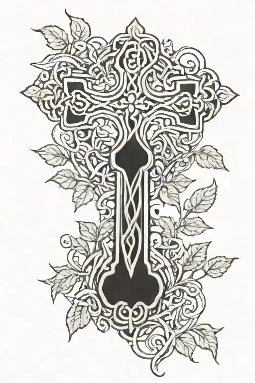 Stone Celtic Cross Ivy And Feathers