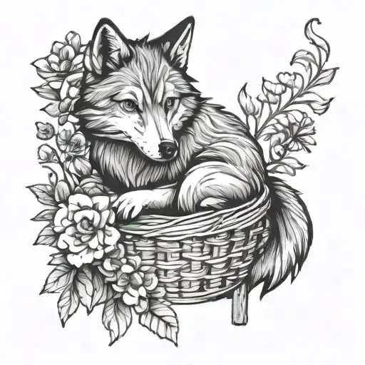 An Anime-inspired Tattoo Of A Sad Wolf Sitting Alone In A Basket Filled With Flowers