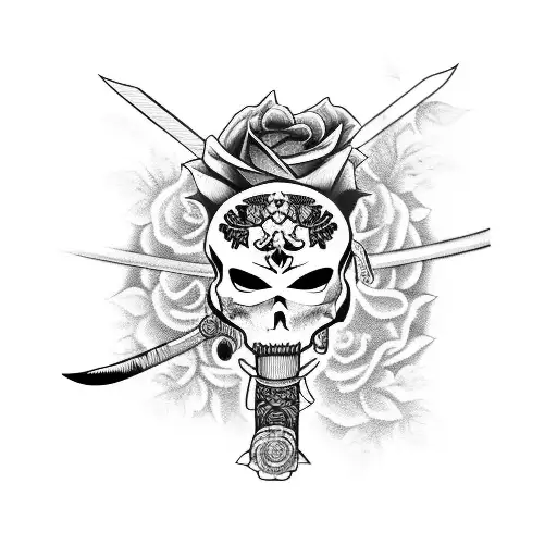 A Fierce Caveira Holding A Katana Surrounded By Roses