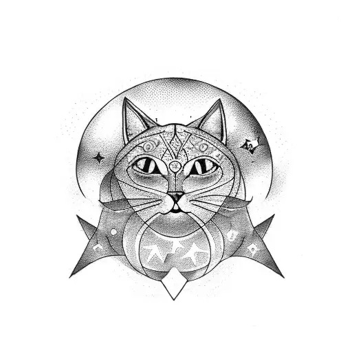 A Blackwork Tattoo Of A Moon And Stars Forming The Shape Of A Cat