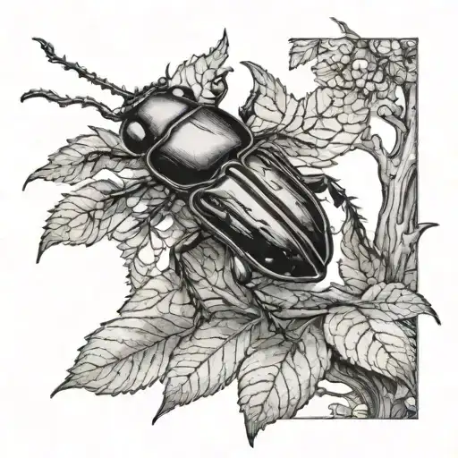 A Detailed Blackwork Tattoo Of A Beetle Crawling On A Tree Branch