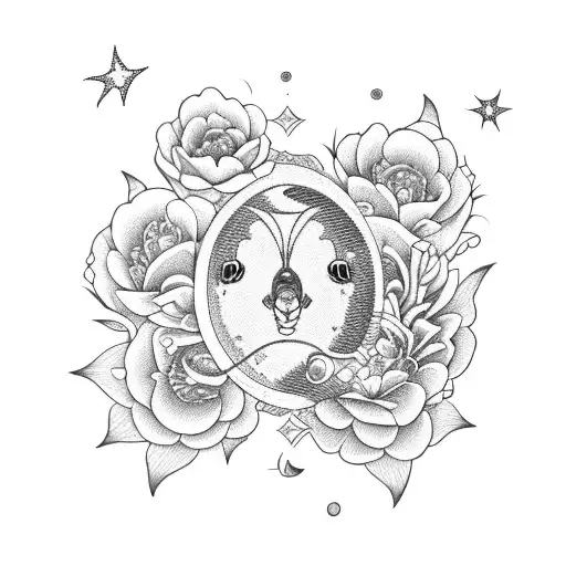 Moon With Pisces Zodiac Stars And Peony Flowers