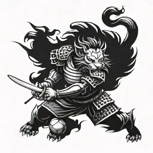 A Fierce Samurai Lion Playing Football Player Holding