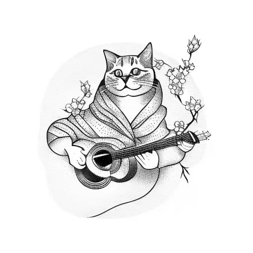 A Blackwork Tattoo Of A Cat Playing A Guitar Surrounded By Cherry Blossoms