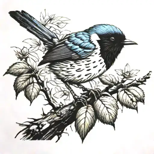 A Detailed Blackwork Tattoo Of A Mountain Landscape With A Fairywren Perched On A Branch