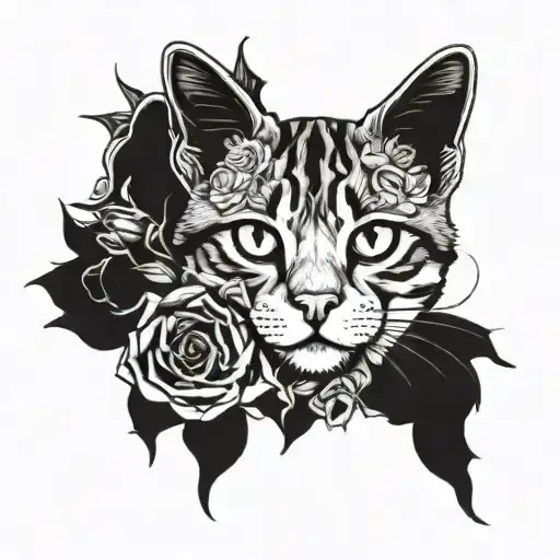 Torbie Cat Face With Gothic Roses As A Boarder
