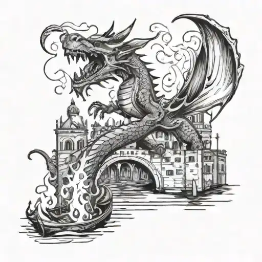 A Sketch Style Tattoo Of A Dragon Breathing Fire Onto The Canals Of Venice In Italy