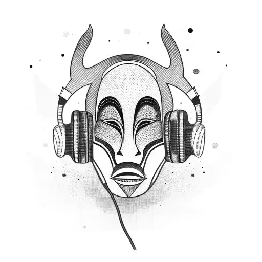 African Mask With Space Elements And Wearing Headphones