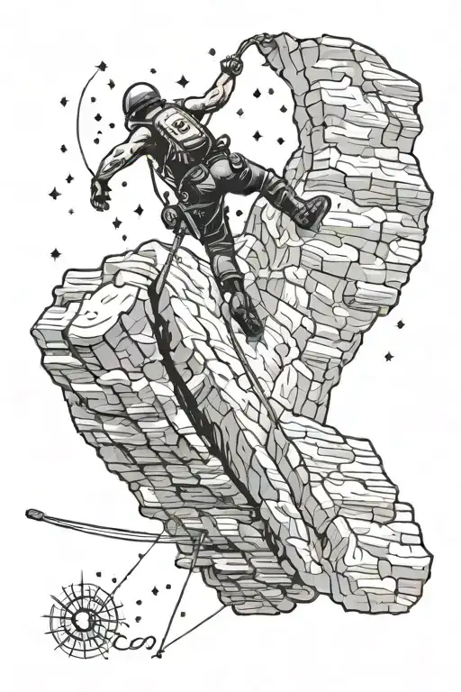 A Detailed Tattoo Of A Rock Climber Ascending A Cliff With Scorpio Constellation Above