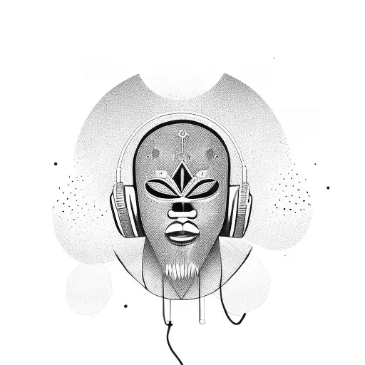 African Mask Edo With Space Elements And Wearing Headphones