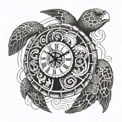Turtle And Clock Embedded Within Its Intricate Patterns