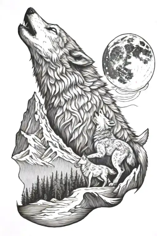 Wolf And Baby Howling Moon Mountain Peaks