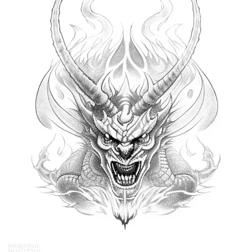 Red Devil Faced Demon Of Fire With Along Dragon Body