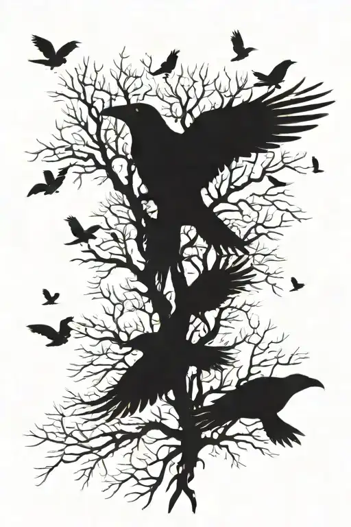 Flock Of Crows Flying To A Tree