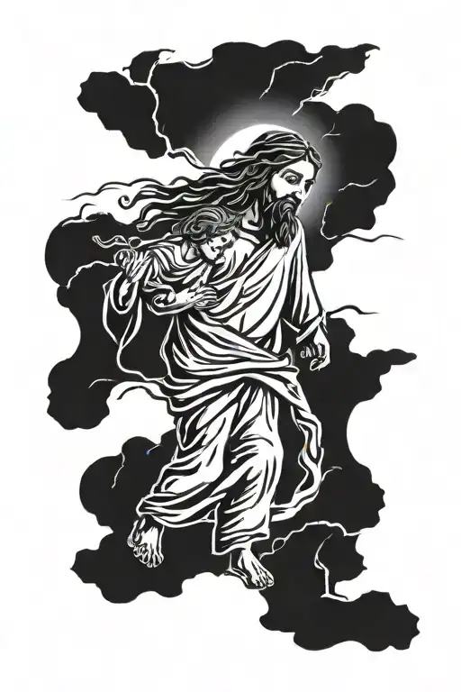 Jesus Christ Walking And Holding His Childs Hand Through A Very Rough Storm