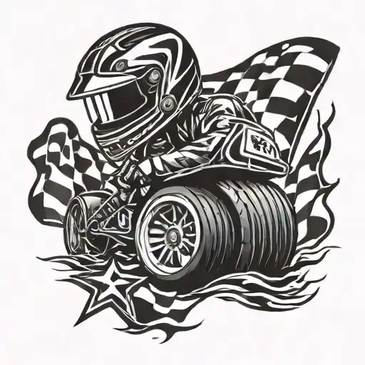 Tire Tracks Leading To A Finish Line Flag With A Racing Helmet On Top