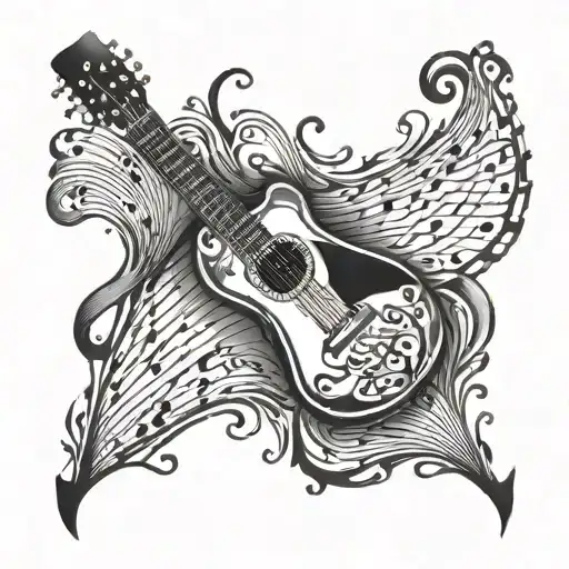 A Stylized Guitar With Intricate Musical Notes Flowing Around It