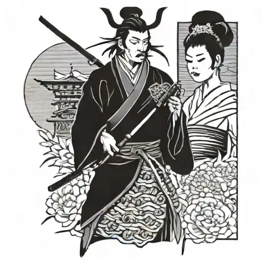 Samurai With Mask And Geisha With Okiya On Her Arm