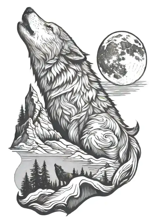 Wolf And Baby Howling At Moon On Top Of A Mountain