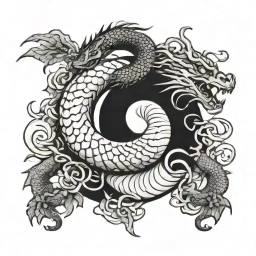 Japanese Mythology Inspired Tattoo Featuring A Dragon And Snake Intertwined In A Yin Yang Symbol