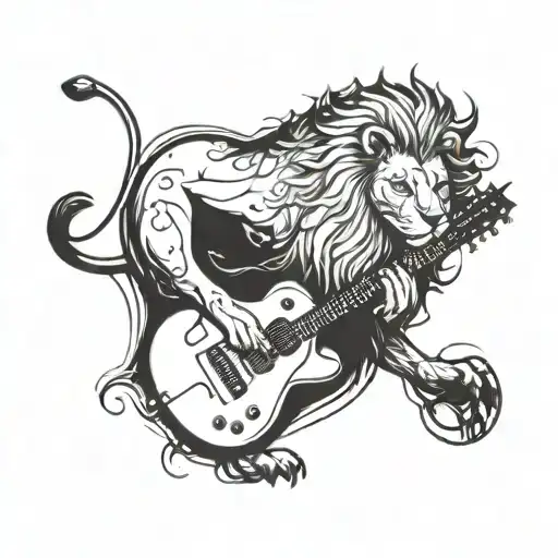 Create A Tattoo Of A Lion Playing A Guitar In A Surreal Art Style
