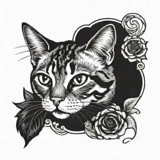 Face Of A Torbie Cat With Closed Gothic Roses Surrounding