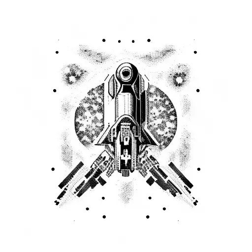 A Pixelated Spaceship Exploring A Black And White Galaxy