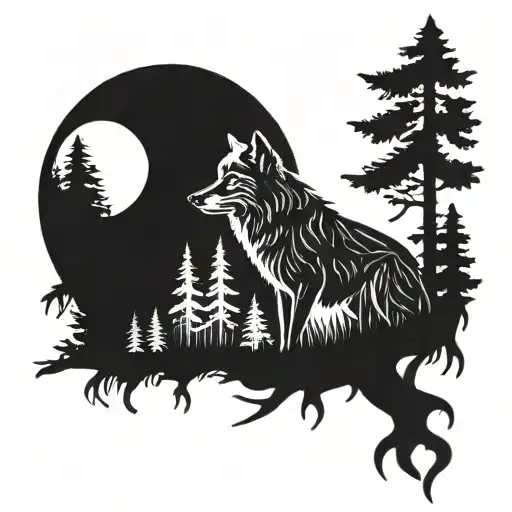 Wolf Tattoo In Woods At Night