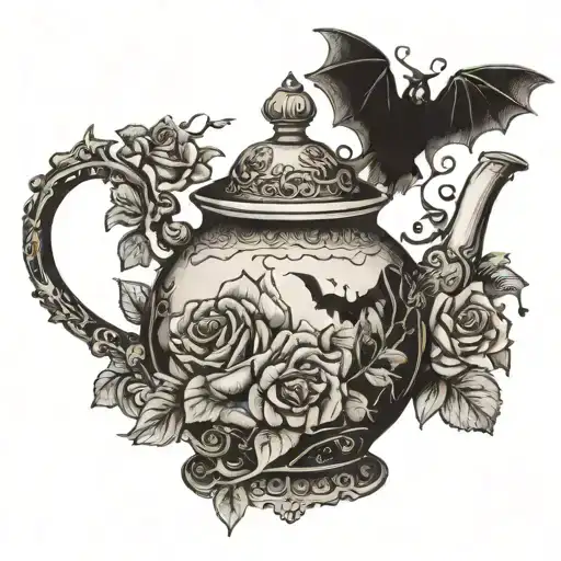 A Spooky Tea Pot Surrounded By Ghostly Roses And Bats