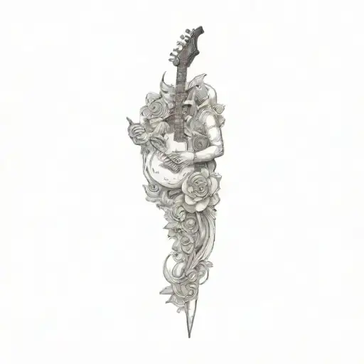 A Demon With A Jester Head Holding A Guitar Behind A Sword With Flowers In The Background