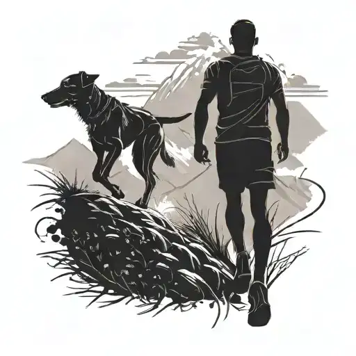 A Silhouette Of A Runner On A Mountain Trail With A Loyal Dog By Their Side