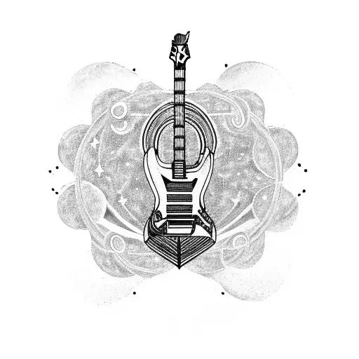 A Blackwork Tattoo Of A Cosmic Guitar Merging With The Universe