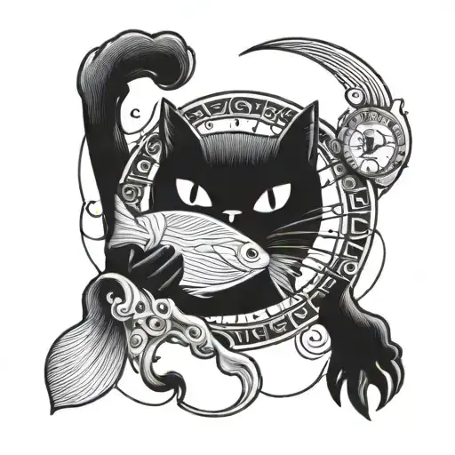 Black Cat Holding A Fish